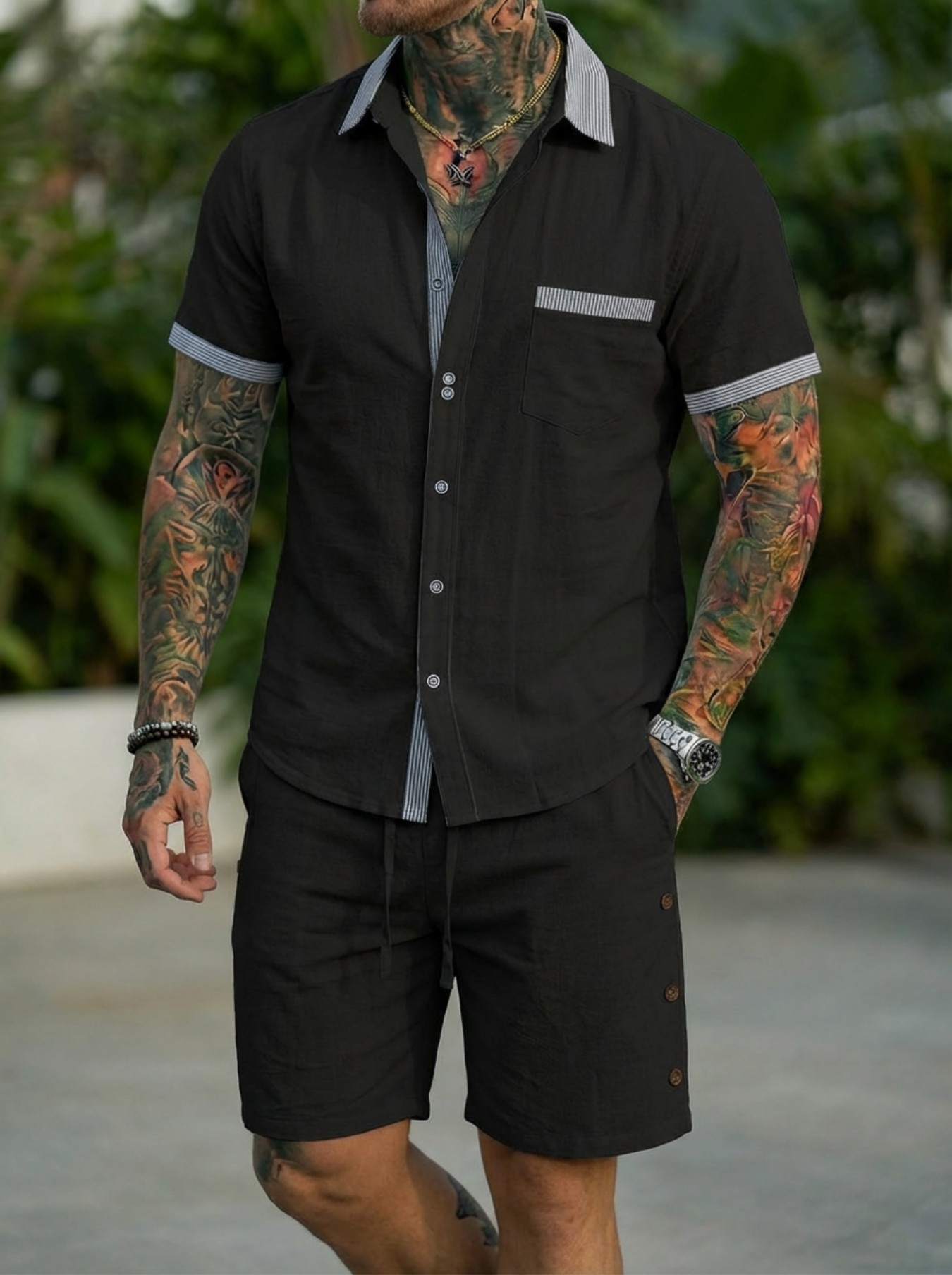 Short Linen Drawstring - Conjunto Masculino de Camisa Estilo Cubano