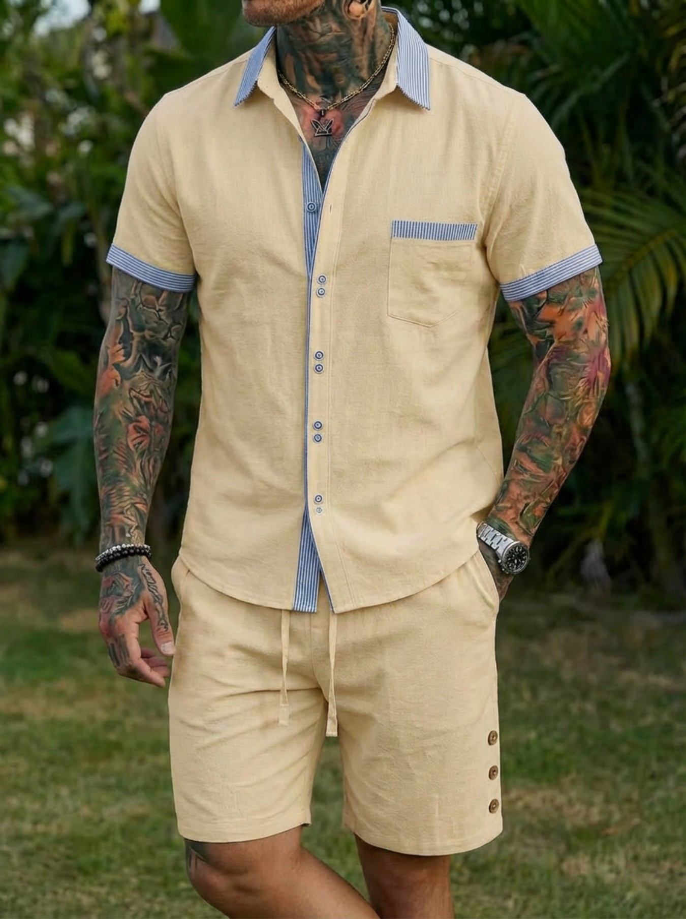 Conjunto Masculino de Camisa E - Short Linen Drawstring avaliação e preço
