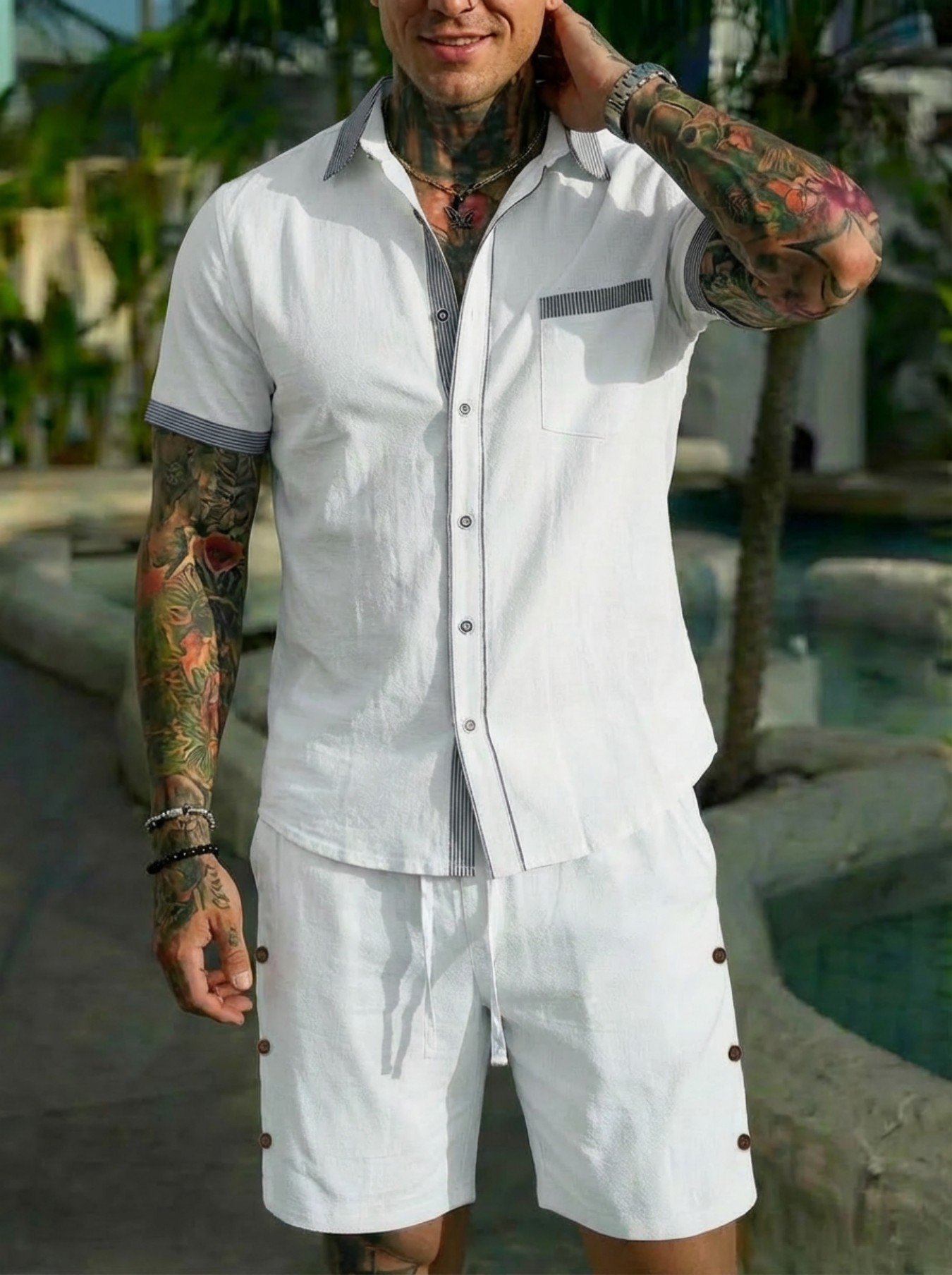 Conjunto Masculino de Camisa E - Short Linen Drawstring avaliação e preço